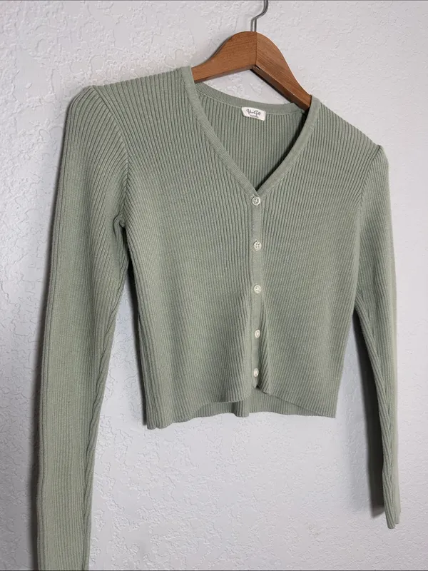 NEW John Galt Crop Sweater Brandy Melville Sage Green Ribbed V-Neck Button - Image 2
