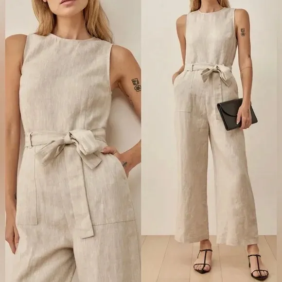Reformation Naomi Linen Jumpsuit in Oatmeal 6 - Image 8