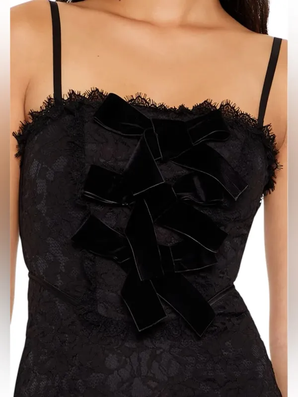 Forever 21 Eyelash Lace Bow Mini Dress Black Spaghetti Strap NWT Size XL - Image 2