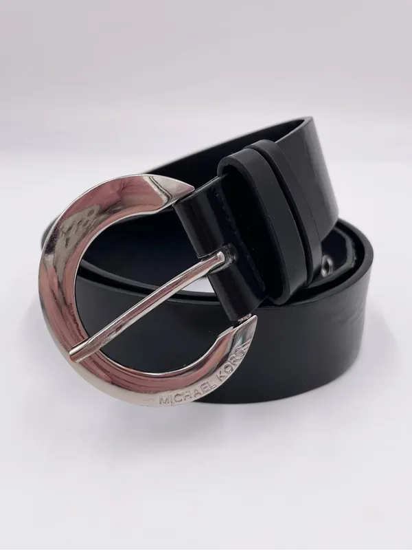 MICHAEL Michael Kors Black Faux Leather Belt Silver Round Buckle Grommets Y2K - Image 2