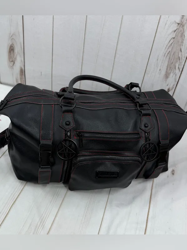 Killstar Black Duffel Bag with Red Stitching and Pentagram Pulls - Image 6