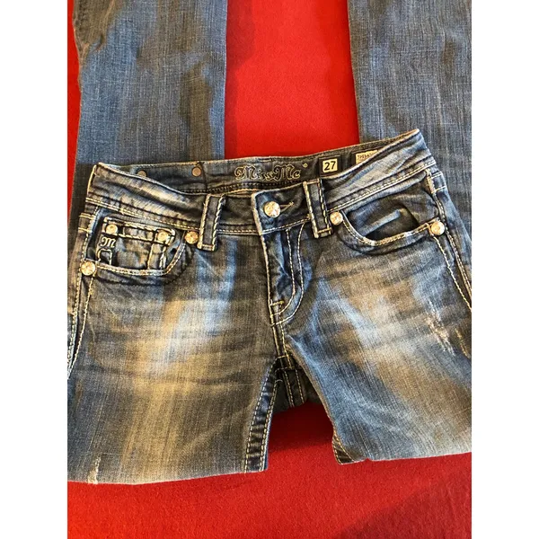 Miss Me blue denim embellished embroidered bootcut jeans Size 27 - Image 2