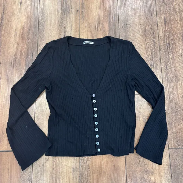 Reformation The Gellar Black Ribbed Button Front Bell Sleeve Crop Top Womens L - Image 2
