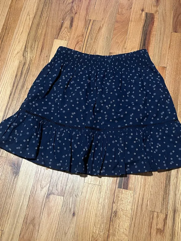 Madewell Navy Blue Printed Ruffle Mini Skirt Size S | Lined Cotton Elastic Waist - Image 4