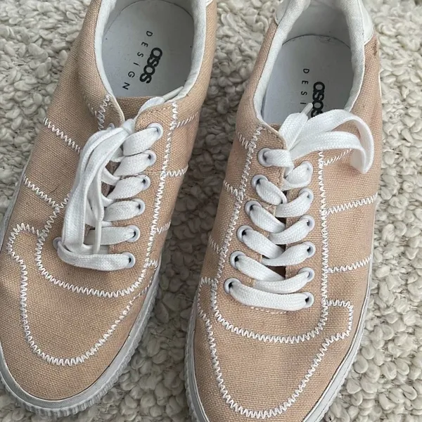 Asos Design Women's‎ Lace Up Embroidered Platform Canvas Sneaker Shoes Pale Pink - Image 3