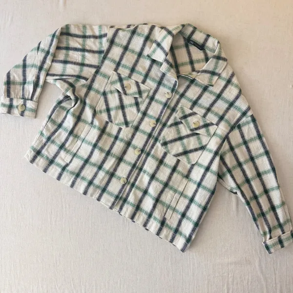 Zara‎ Womens XL Green Black Plaid Button Down Shacket Oversized Textured Jacket - Image 2