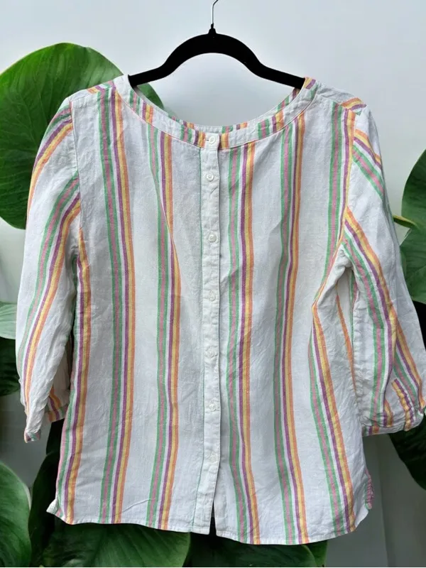Boden Katie Striped Balloon Sleeve Linen Blouse Size 8 - Image 3