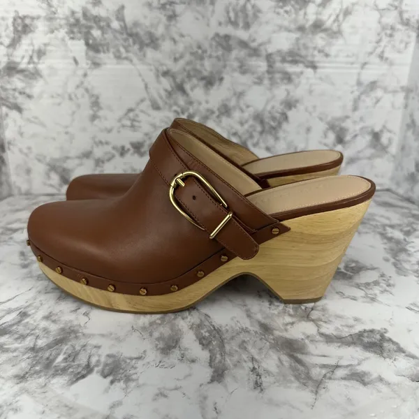 Veronica Beard Hendrix Brown Leather Platform Clogs 10.5 Wooden Block Heel Mules - Image 3