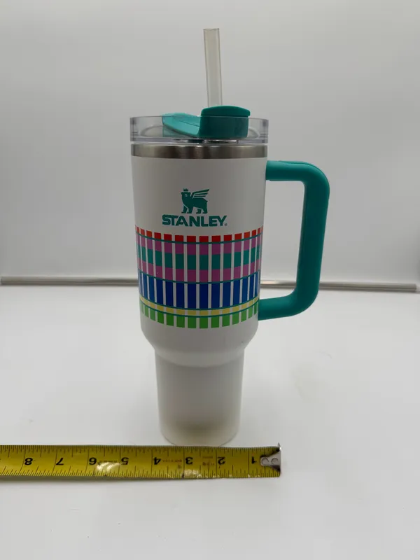 Stanley Quencher H2.0 FlowState 40 Oz Tumbler White Plaid Teal Handle Straw - Image 8