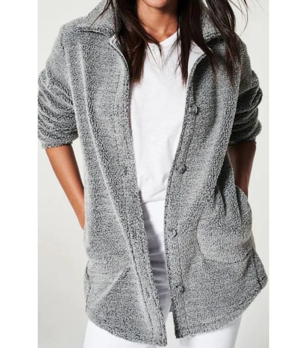 Spanx Luxe Fleece Jacket Pebble Grey Sherpa Faux Shearling Fuzzy Teddy Coat 1X - Image 5