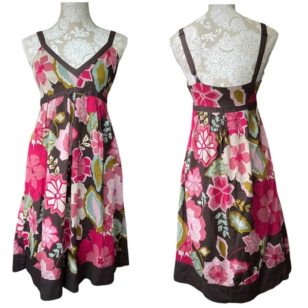 Lucy & Laurel babydoll brown multi-floral boho hippie midi sun dress size 8 Med - Image 2