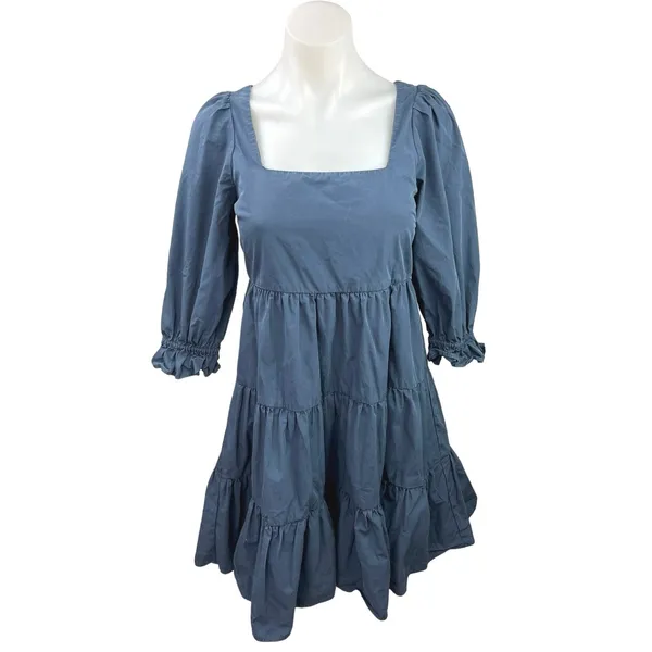 Madewell Lizzie Poplin Blue Puff Sleeve Square Neck Tiered Babydoll Mini Dress 0 - Image 6