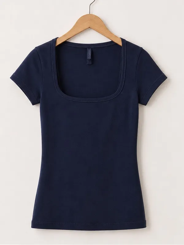 SKIMS Navy Blue Square Neck Cap Sleeve Basic Essential Luxury Y2K Tee Small - Image 4