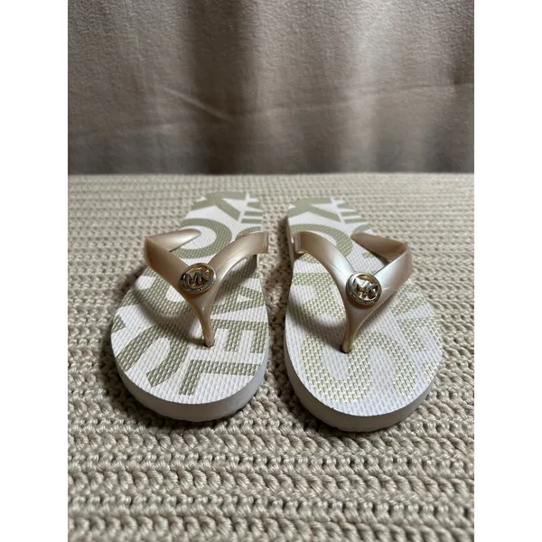 Michael Kors Women 7M Champagne Gold MK Logo Designer Flip Flop Sandals Summer - Image 5