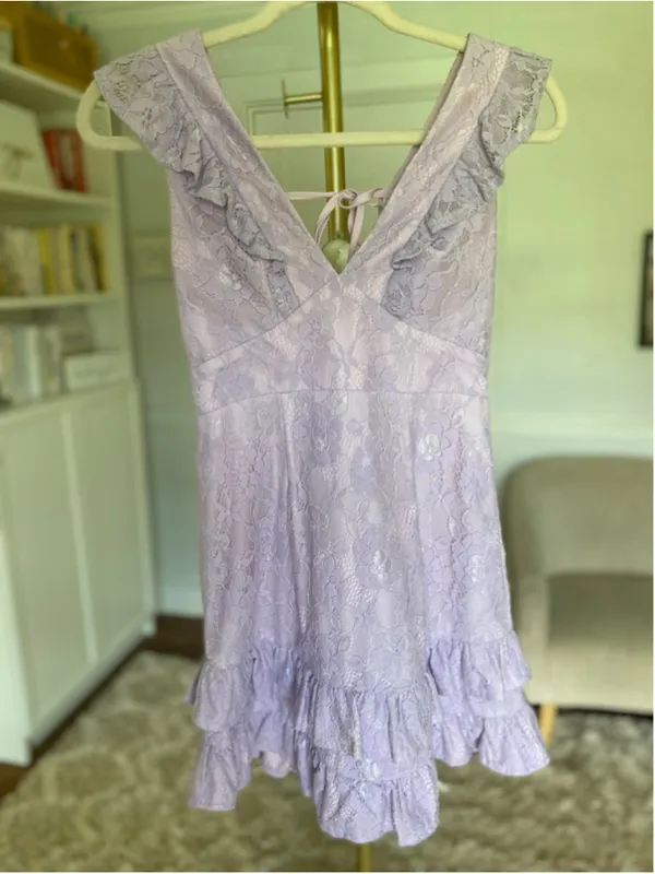 Petal and Pup Mini Dress Lavender Lace Ruffle Romantic Coquette Feminine XS Boho - Image 2