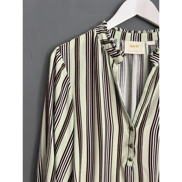 Maeve Blouse Womens Medium Mint‎ Green Brown Striped V-Neck Long Sleeve Top - Image 2