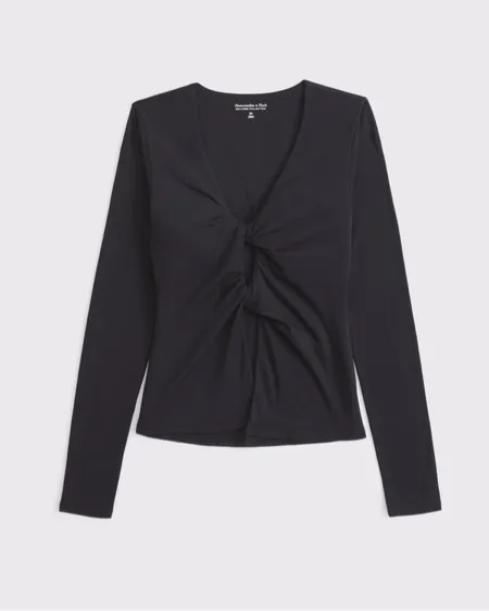 Abercrombie & Fitch Bra-Free Black Twist-Front Long Sleeve Cutout Top - Image 2