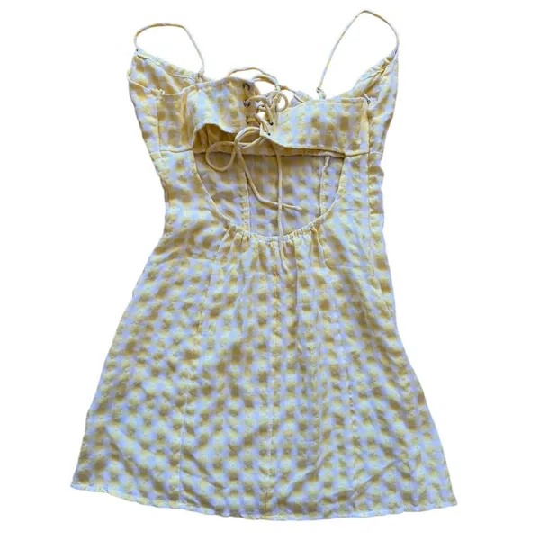Edikted Butter Yellow & White Gingham Milk Maid Coquette Mini Bodycon Dress - Image 3