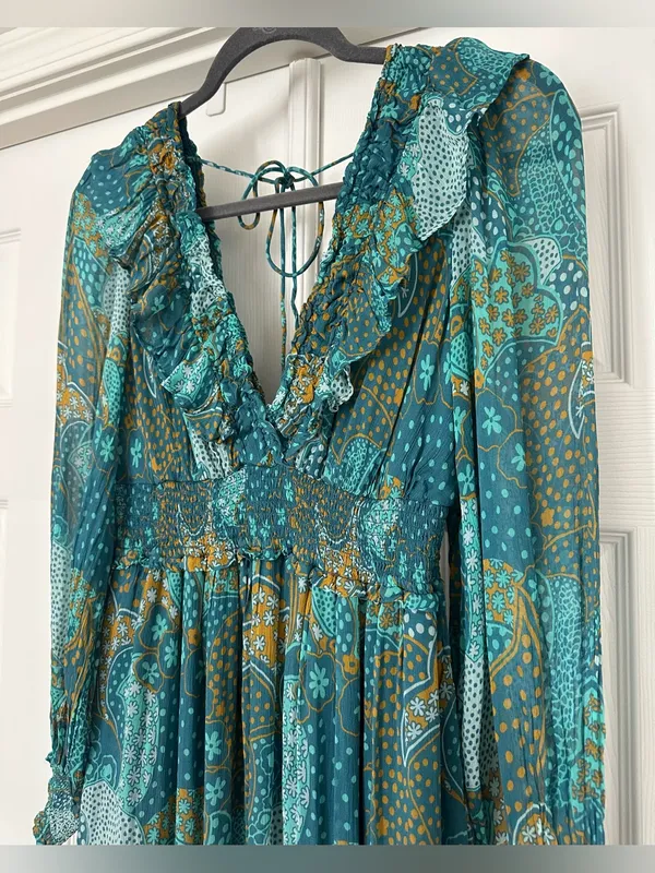 Anthropologie Odetta Ruffled V-Neck midi Dress Teal Gold Boho Mixed Print Small - Image 6