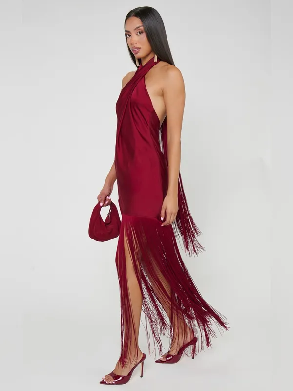 Show Me Your Mumu Jasmine Fringe Maxi Dress size Small S Cranberry Luxe Satin - Image 2
