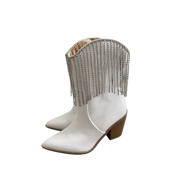 Berness Cow Girl Boots Size 5.5 Pointed Toe Block Heel Rhinestone‎ Fringe - Image 2
