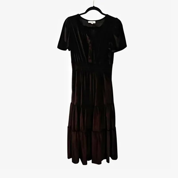 THML NEW Black Velvet Velour Tiered Maxi Dress Puff Sleeve Boho Cottagecore S - Image 5
