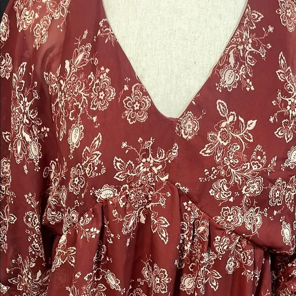 Bailey Blue Womens Burgundy Floral Print V‎ Neck Babydoll Dress Ruffle Sleeve M - Image 3