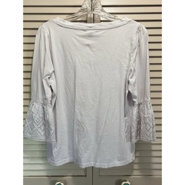 Banana Republic White Crochet 3/4 Bell Sleeve Top Size Medium Scoop‎ Neck - Image 5