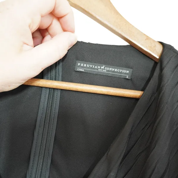 Peruvian Connection Small Black Micro Pleated V-Neck‎ Midi Dress Contemporary - Image 6