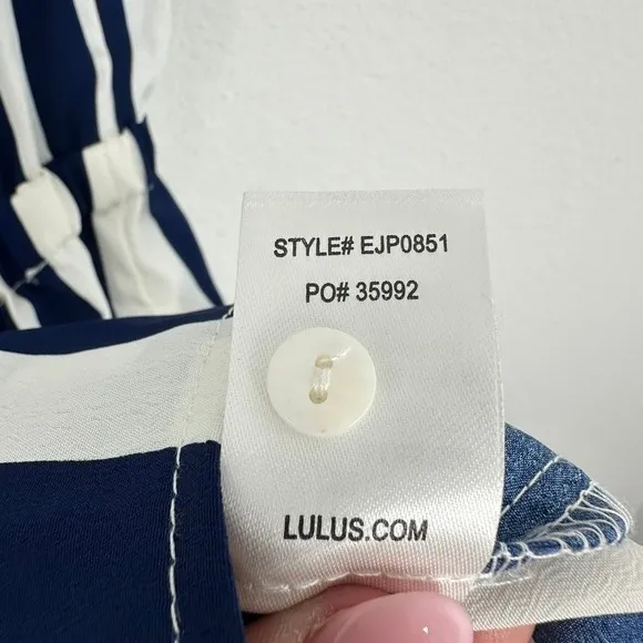 Lulus Striped Strapless Romper Women's Size L Blue White Ruffle Layered‎ Casual - Image 7