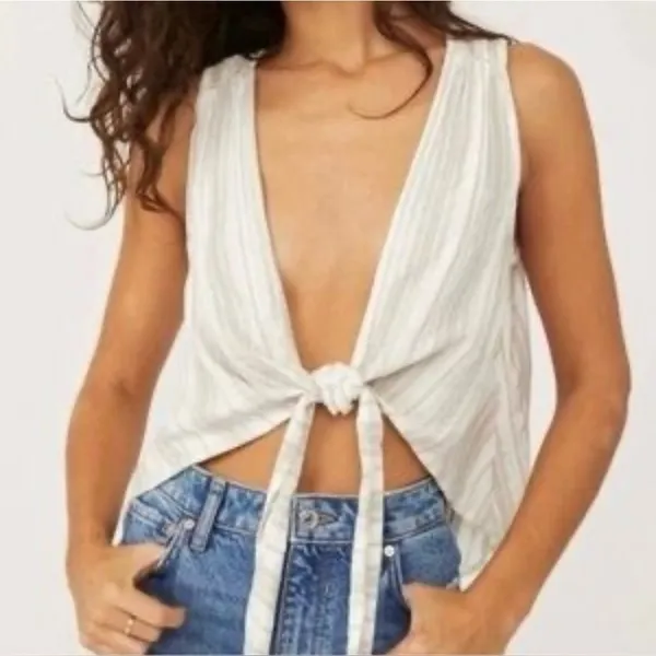 Free People Cream Sleeveless Tie-Front Tank Top - Image 2