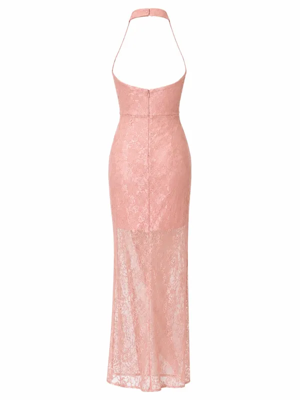 NBD Revolve Dusty Pink Lace Halter Gown Cottagecore Barbie Formal Dress M Prom - Image 11