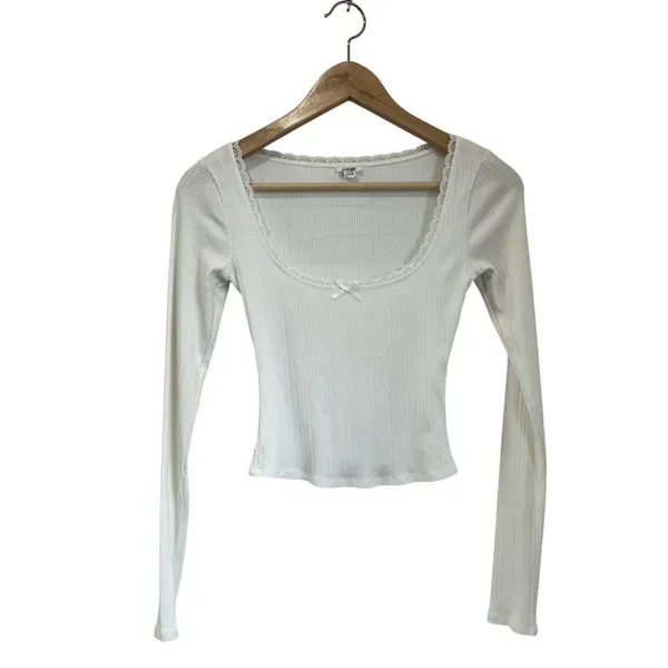 Garage White Ribbed Long Sleeve Scoop‎ Neck Top Stretchy Size XS - Image 2