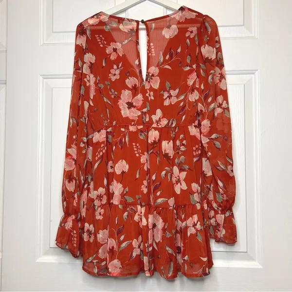 Privy Floral Print Mini Dress Long Sleeve Rust Red V Neck Ruffle‎ Hem Small - Image 2