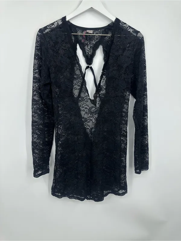 Vintage Y2K Black Lace V Neck Long Sleeve Shirt Size XL Whimsical Dark Romance - Image 10