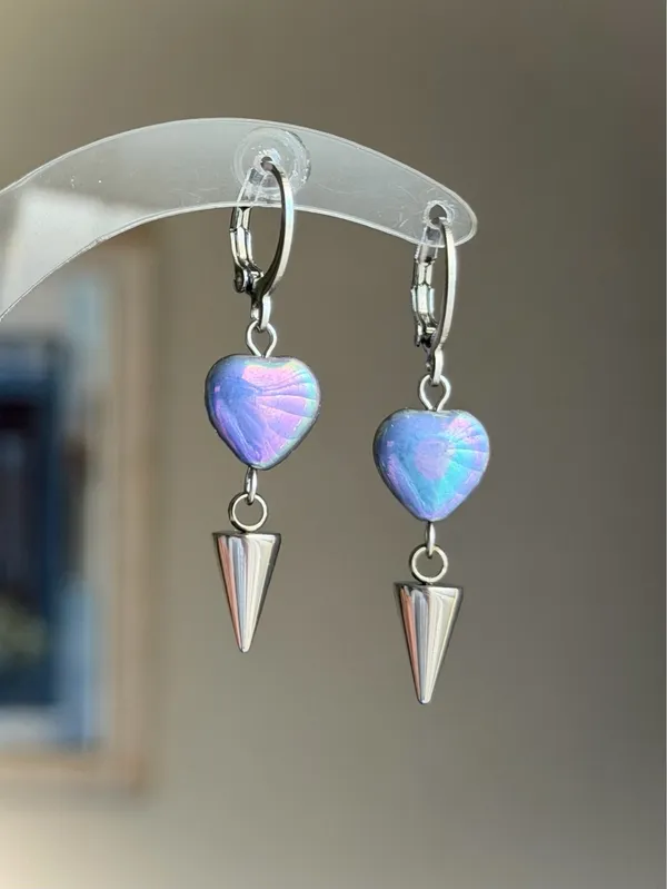 Handmade Czech glass heart & spike dangle earrings💜🩵💙 - Image 2