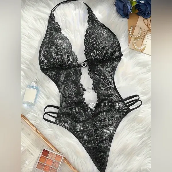 Women's Sexy Lace Teddy Bodysuit S Black Sheer Cutout Heart Rhinestone NWT - Image 2