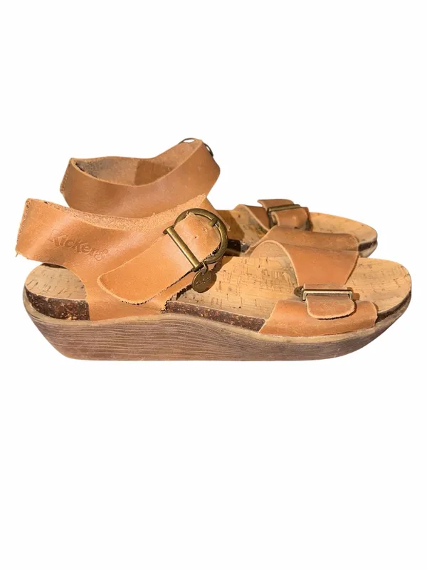 Kickers Tan Leather Cork Slide Sandals with Brass Buckles - Image 3