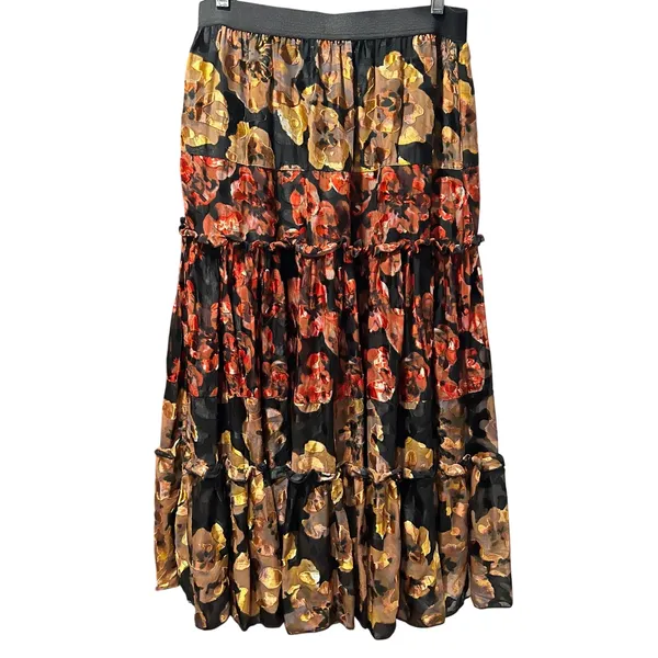 Soft Surroundings Fiametta Floral Tiered Maxi Skirt Black Gold Red Small Petite - Image 2
