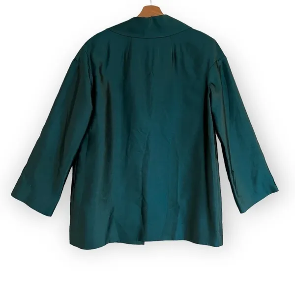 ST. JOHN COUTURE Sharkskin Silk Wool Blend Teal Open Front Jacket Blazer Size 8 - Image 9