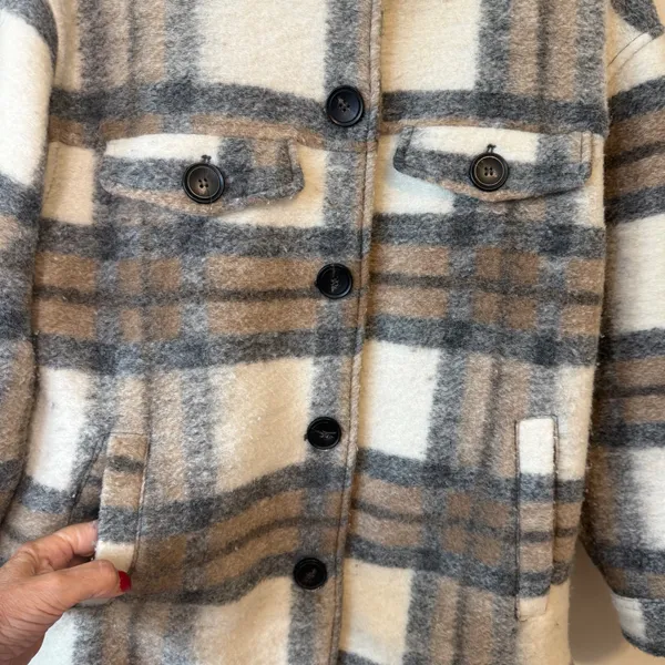 Zara Women Wool Blend Shacket S White Tan Gray Plaid Oversized Shirt Jacket - Image 6
