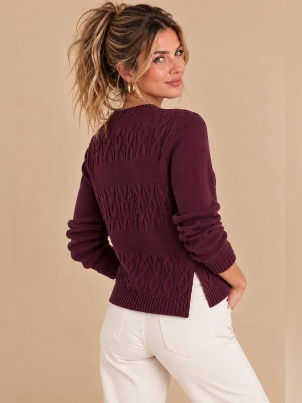 LOFT Burgundy Plum Crewneck Pullover Cable Knit Chunky Sweater Split Hem Medium - Image 3