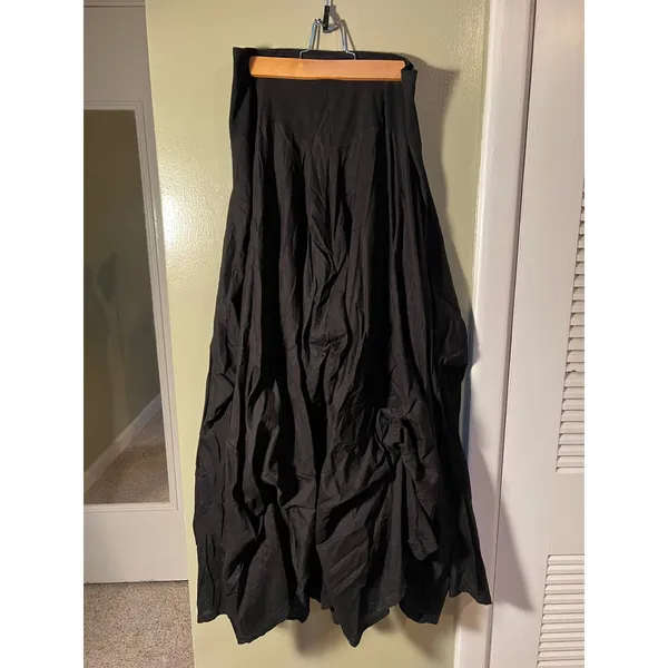 Vintage Luna Luz Womens Sz Large A-Line Maxi Skirt Black Pull On Gathered Cotton - Image 6