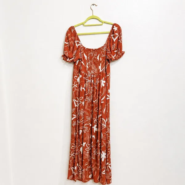 Workshop Rust Floral Puff Sleeve Smocked Back Maxi Dress Sz L - Image 10