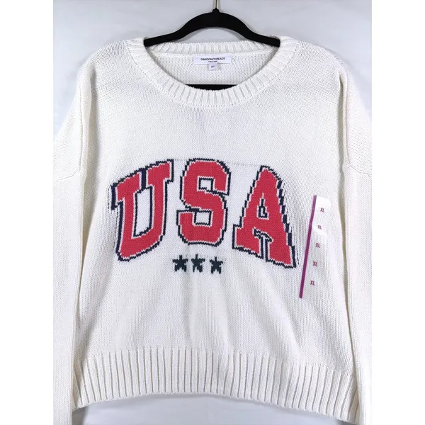 Grayson Threads Women XL USA Graphic Cropped Sweater Cream Knit Long Sleeve NWT - Image 4