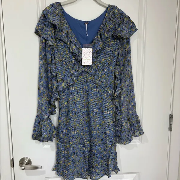 NWT Free People Blue Floral Ruffle Mini Dress Long Bell Sleeves Size 4 - Image 2