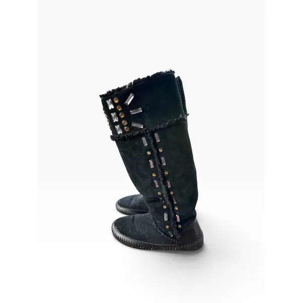 Tory Burch Moccasin Boots 8 Black Suede Crystal Rhinestone Tall Boho Sherpa - Image 6