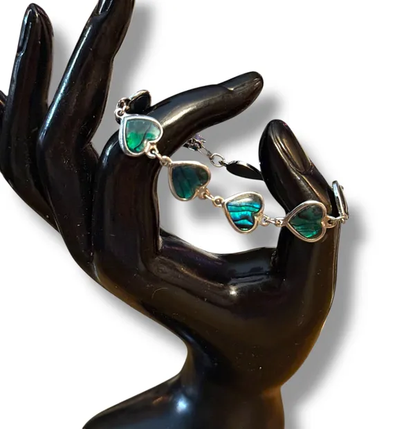 Vintage silver tone abalone heart link bracelet - Image 2