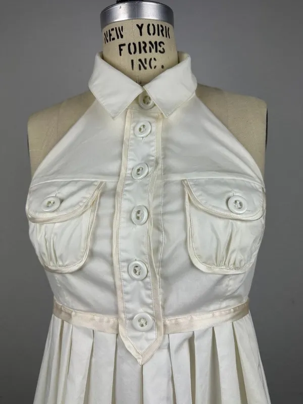 Vintage Y2K Bebe Off White Halter Tanya Mini Dress Pleated Button Front Size S - Image 5