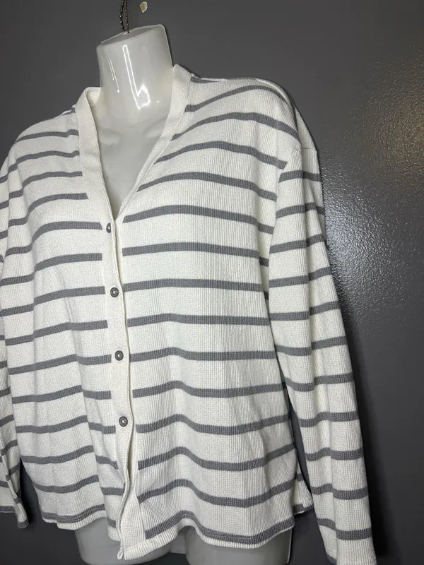 Como Sleep Pajama Set Womens Medium White Gray Stripe Knit Top Pants Lounge - Image 4